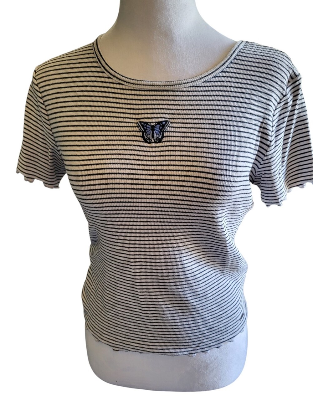 Hollister Striped Butterfly Ribbed Crop Top Black/White sz S